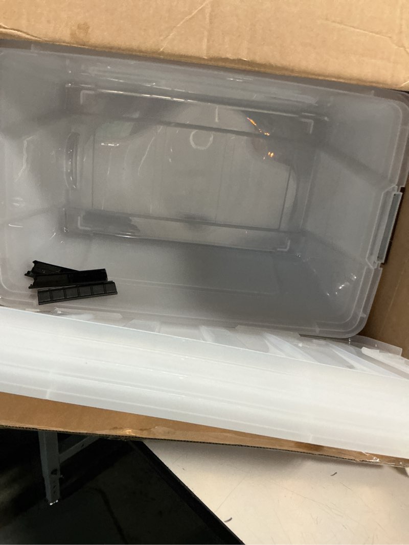 Condition photo showing New/Like New for iris usa 72 qt plastic storage box with lid and latches - 4 pack - bpa-free, see-through organizing solution, durable nestable stackable containers, secure pull handle - clear clear 72 qt 4 pack
