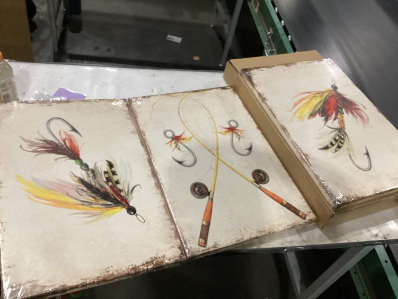 Condition photo showing New/Like New for KREATIVE ARTS 3 Pieces Vintage Lake Fishing Lures Wall Art Lake Baits & Flies Canvas Prints, Fishing Decor for Bedroom, Living Room, Man Cave Each Panel16x24