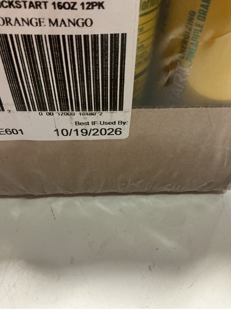 Condition photo showing New/Like New for mountain dew kickstart, pineapple orange mango, 90mg caffeine, vitamins b & c, 80 calories, 10% juice, 16 fl oz (pack of 12)