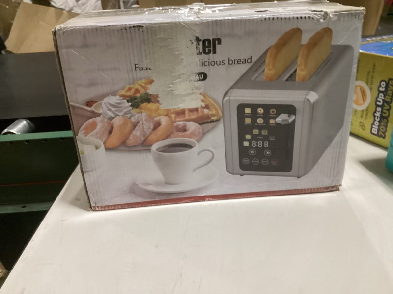 Condition photo showing As Is for whall touch screen toaster 2 slice, stainless steel digital timer toasters with sound function, smart extra wide slots toaster with bagel, cancel, defrost (silver) silver round lever