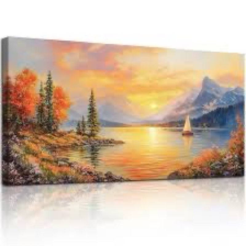 Tucai Decor Canvas Wall Art Large Mountain Lake Sunset Nature Landscape Painting with Aurora Night S