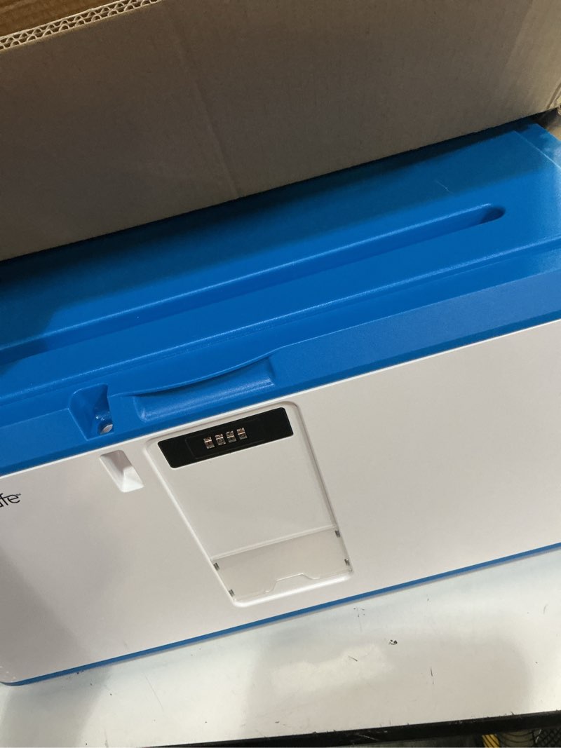 Condition photo showing Good Condition for serenelife lockable storage box, 21 gallon capacity storage trunk with combination lock, locking container bin for organization, blue 21 gallon dark blue