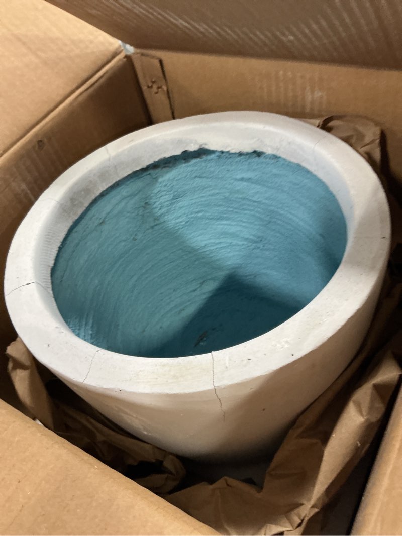 Condition photo showing As Is for Kante 10 Inch Dia Round Concrete Planter, Indoor Outdoor Large Plant Pot with Drainage Hole and Rubber Plug for Home Patio Garden, Pure White Pure White 10"W Planters