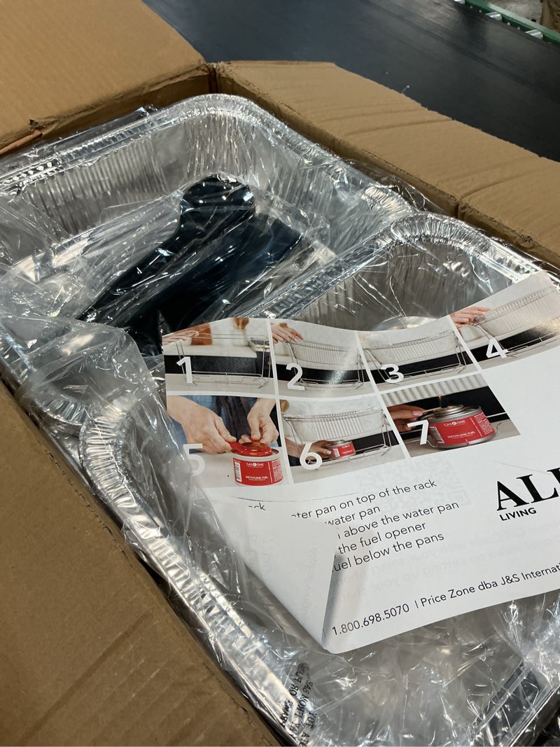Condition photo showing Good Condition for large full size 33-pcs disposable chaffing buffet with-covers, utensils, fuel cans – premium chafing dish set for events, parties, catering complete kit (with racks)