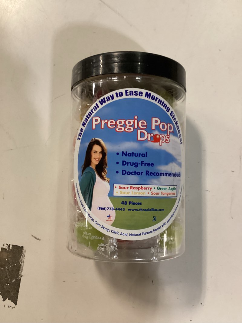 Condition photo showing New/Like New for Bb September 2026 Preggie Pop Drops Morning Sickness Relief for Pregnant Women. Assorted Yummy Candy Drops for Pregnancy. 48 Count Sour Raspberry, Green Apple, Lemon, Tangerine 48 Count (Pack of 1)