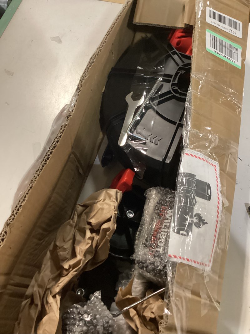 Condition photo showing As Is for electric weed wacker with wheel, 3-in-1 brushless brush cutter/string trimmer/grass trimmer/lawn mower, 9" cordless weed eater battery powered, 2 * 4000mah battery, 4 blade and charger