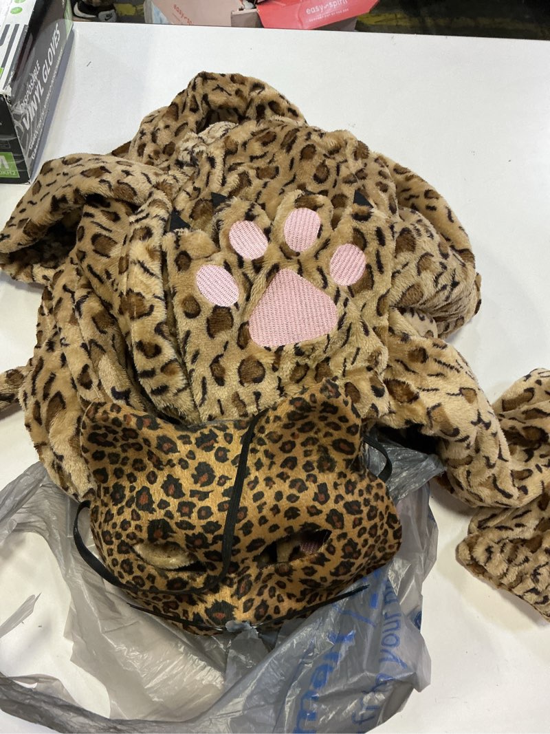 Condition photo showing As Is for ezuwail cheetah costume kids leopard costume gloves mask cheetah onesie bodysuit cosplay for girls boys cheetah 9 years