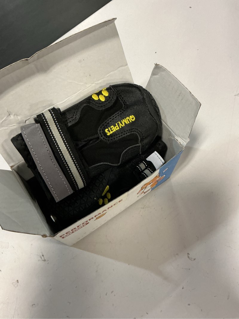 Condition photo showing Good Condition for QUMY Dog Shoes for Large Dogs, Medium Dog Boots & Paw Protectors for Winter Snowy Day, Summer Hot Pavement, Water-Resistant in Rainy Weather, Outdoor Walking, Indoor Hardfloors Skid-Resistant Sole Black Size 4: 2.2''x2.6''(W*L) (Pack of 4)