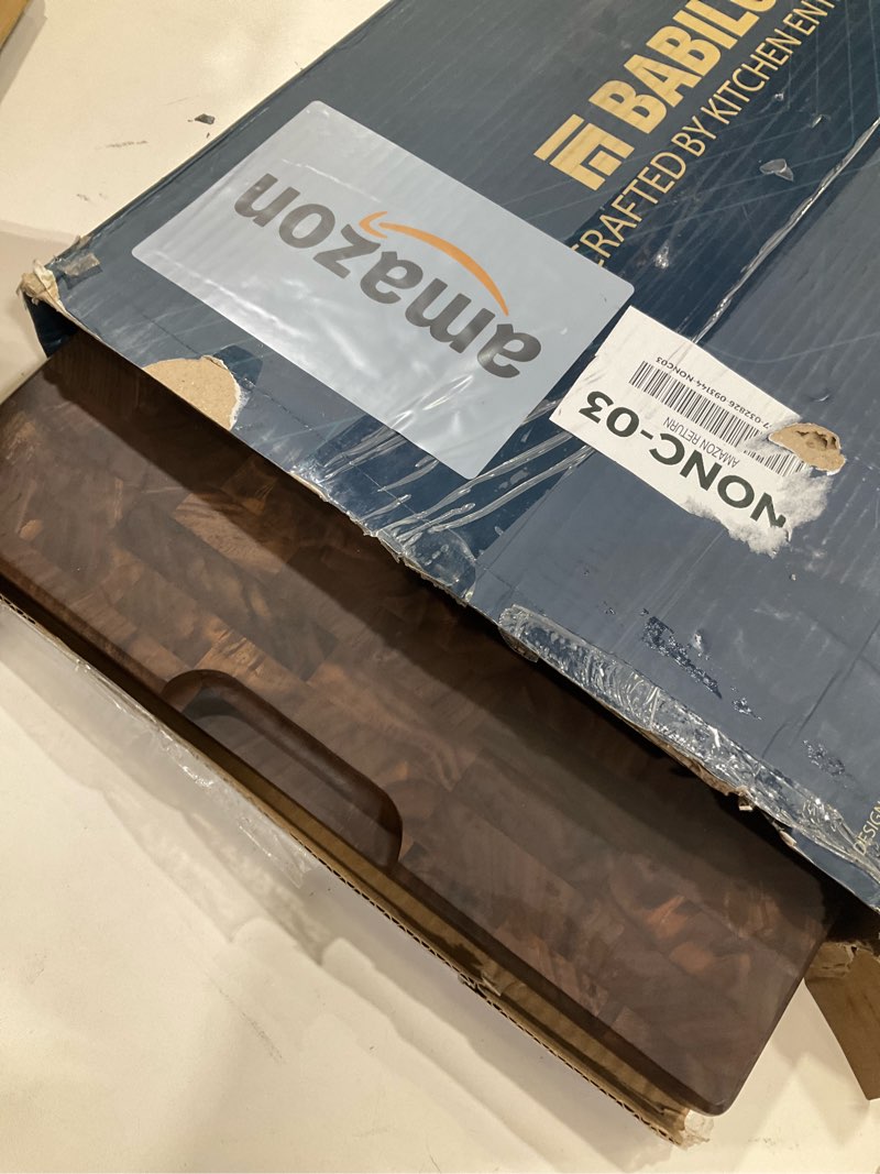 Condition photo showing Good Condition for xxl american black walnut cutting board 24 x 15 inch (extrathick 1.7"), hardwood butcher block, charcuterie, heavy duty end grain wood chopping board with juice groove & handles (oil & plate included) black walnut 24"l x 15"w