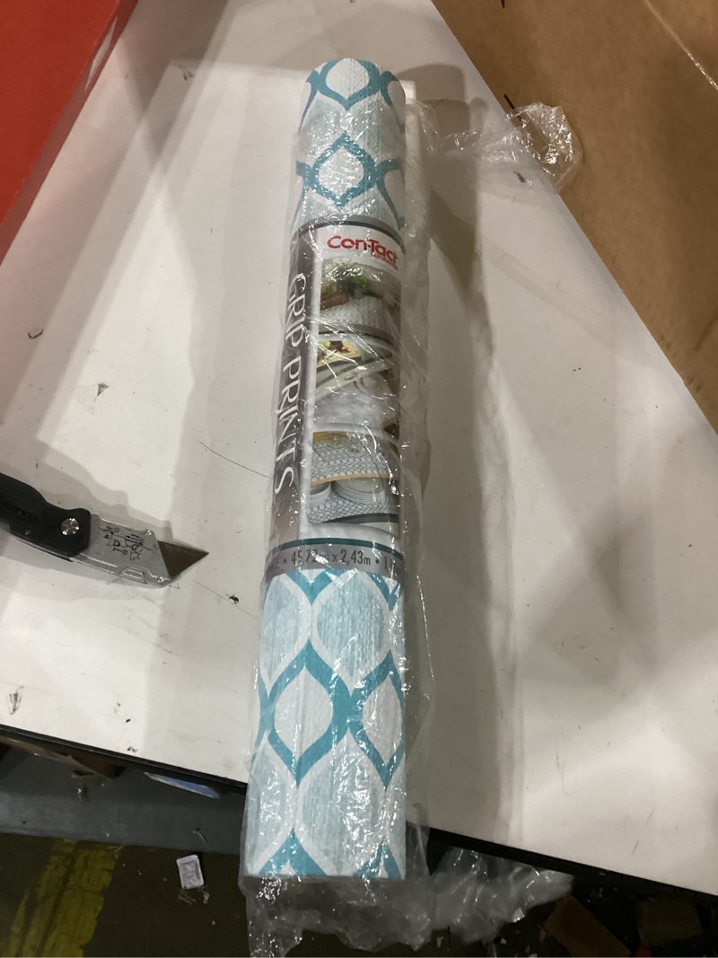 Condition photo showing As Is for con-tact brand grip prints durable adhesive non-slip shelf and drawer liner, 18" x 4', savoy stone