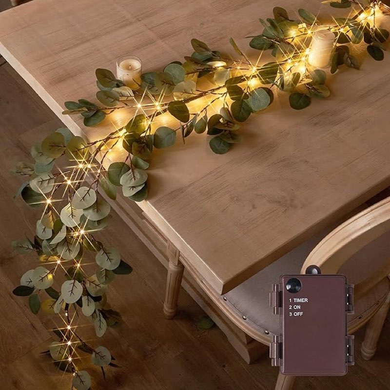 hairui lighted artificial eucalyptus garland 6ft 96 led battery operated faux vine lights with timer for spring wedding backdrop wall decor