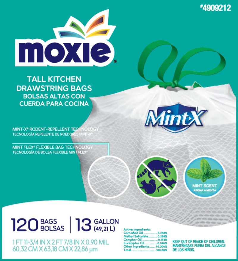 moxie 13-gallon mint white indoor plastic kitchen drawstring trash bag 120 -count