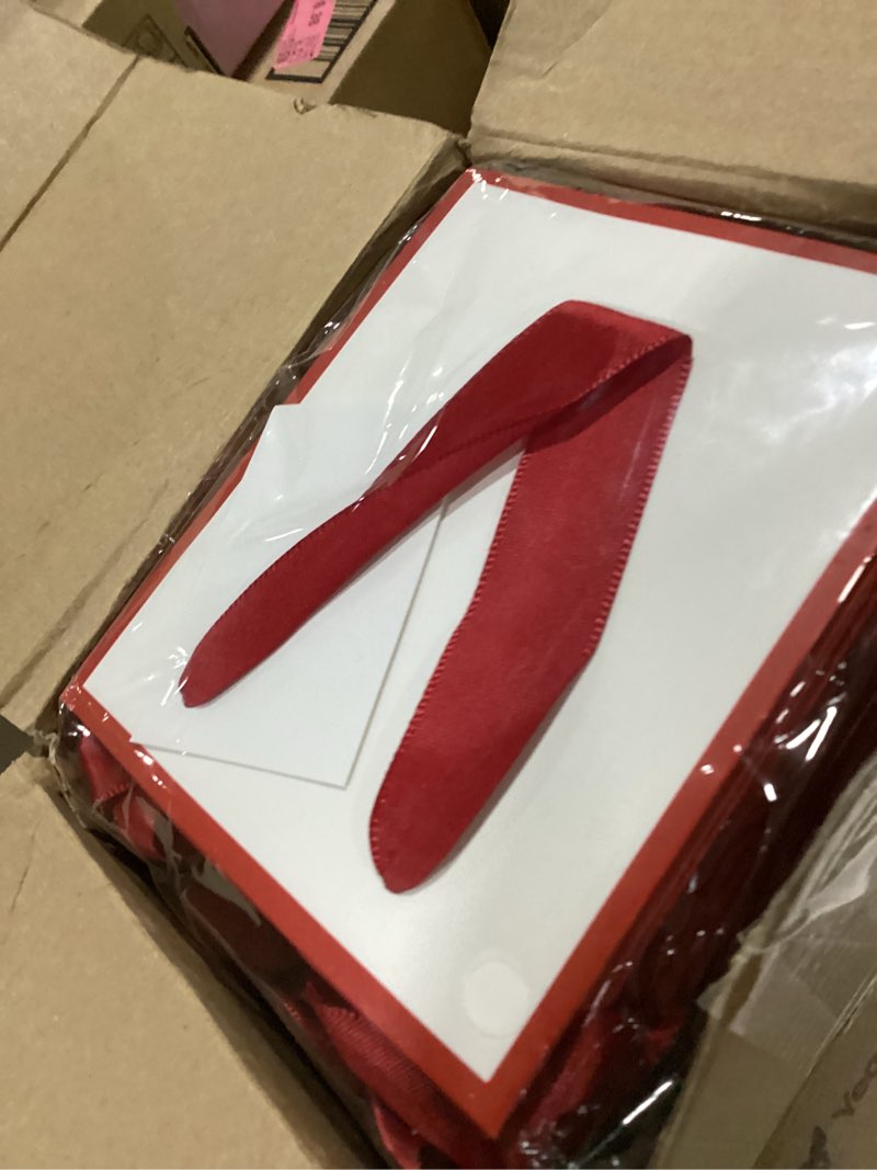 Condition photo showing As Is for yeaqee 50 pcs mini metallic paper gift bags with handles 4x2.75x4.5'' tiny small gift bags with thank you tag for wedding graduation birthday party return gifts jewelry business (white,deep red) white, deep red 50
