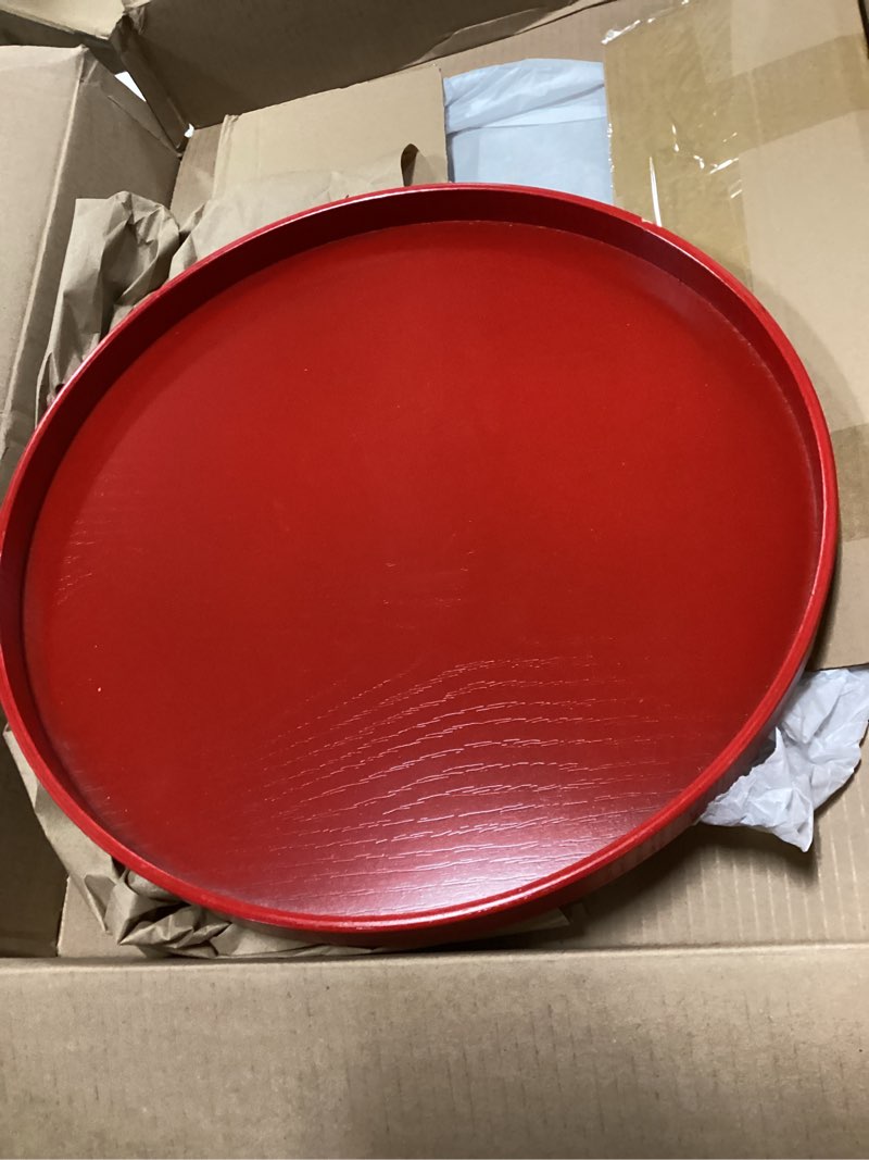 Condition photo showing Good Condition for Wooden Serving Tray Round Wood Serving Tray Decorative Platter, 15.2 Inch Fit for Home Decor Kitchen Coffee Table Candle Holder, (Red) 15.2 Inch Red