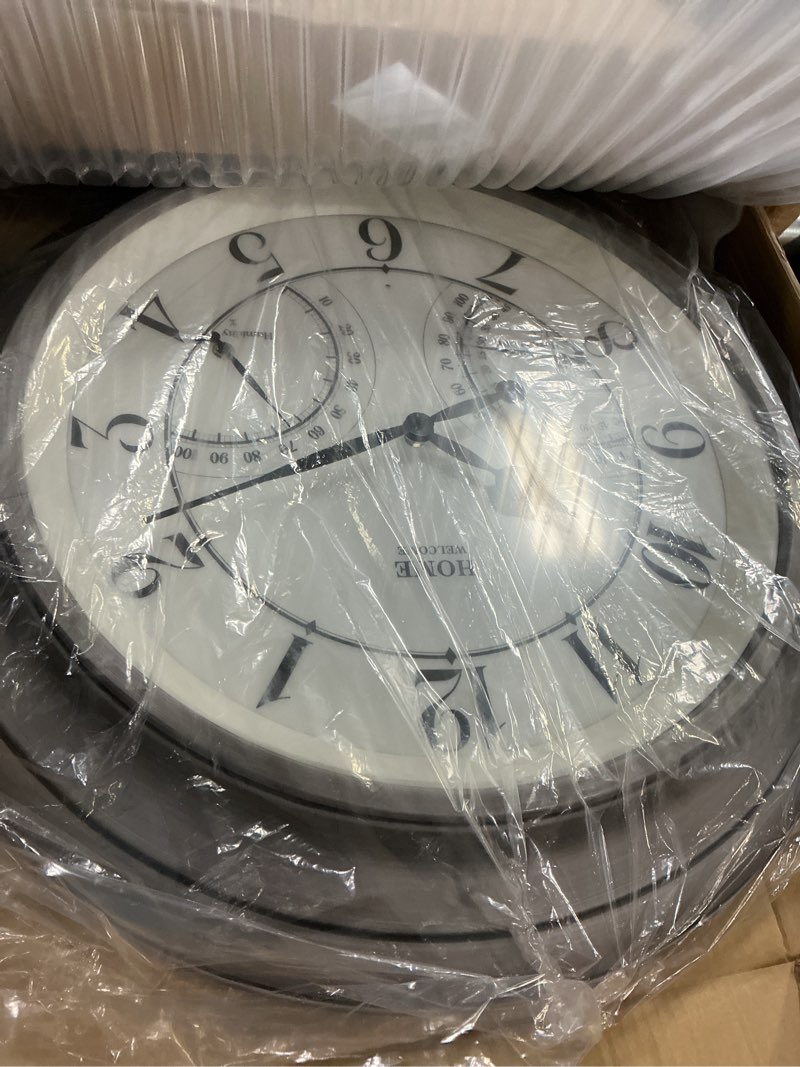 Condition photo showing New/Like New for pytha sight 24 inch outdoor clocks waterproof, large easy-to-read illuminated outdoor wall clock with smart light sensor, silent large outdoor clock for patio, pool,porch,garden,backyard light grey oak 24 inch