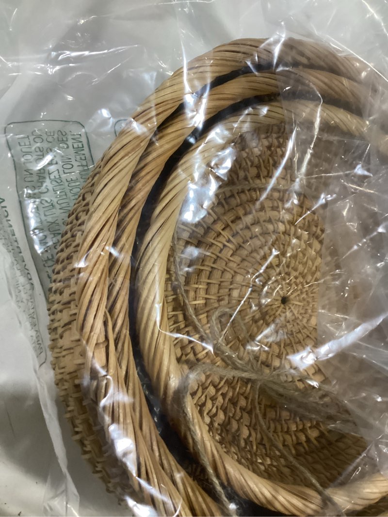 Condition photo showing Good Condition for Round Rattan Fruit Baskets Woven Storage Bowls Key Holder Stackable for Shelf Kitchen Tabletop Natural Set of 3 Set of 3 Round