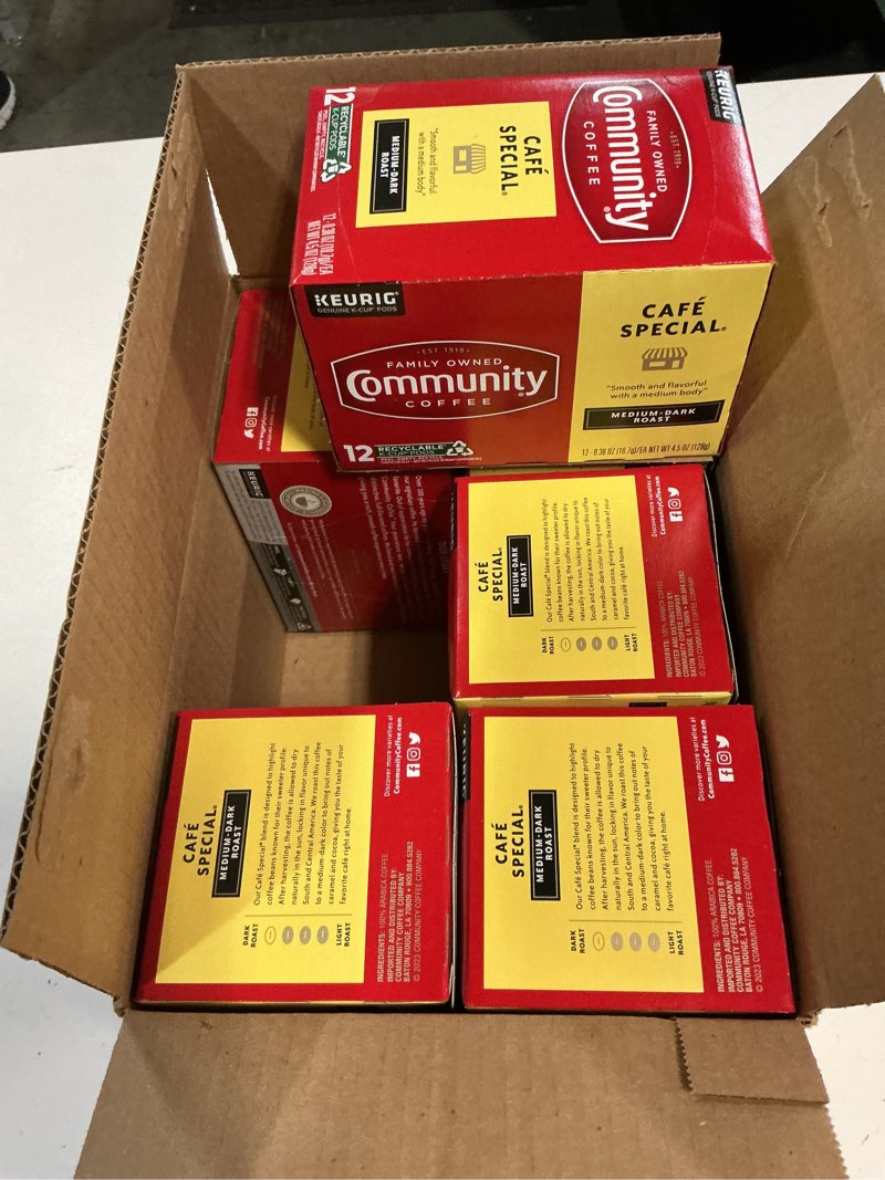Condition photo showing New/Like New for (( best by date/06/09/2026))6 pack community coffee cafe special, 12 count single serve coffee pods, medium dark roast, compatible with keurig k-cup brewers, café special