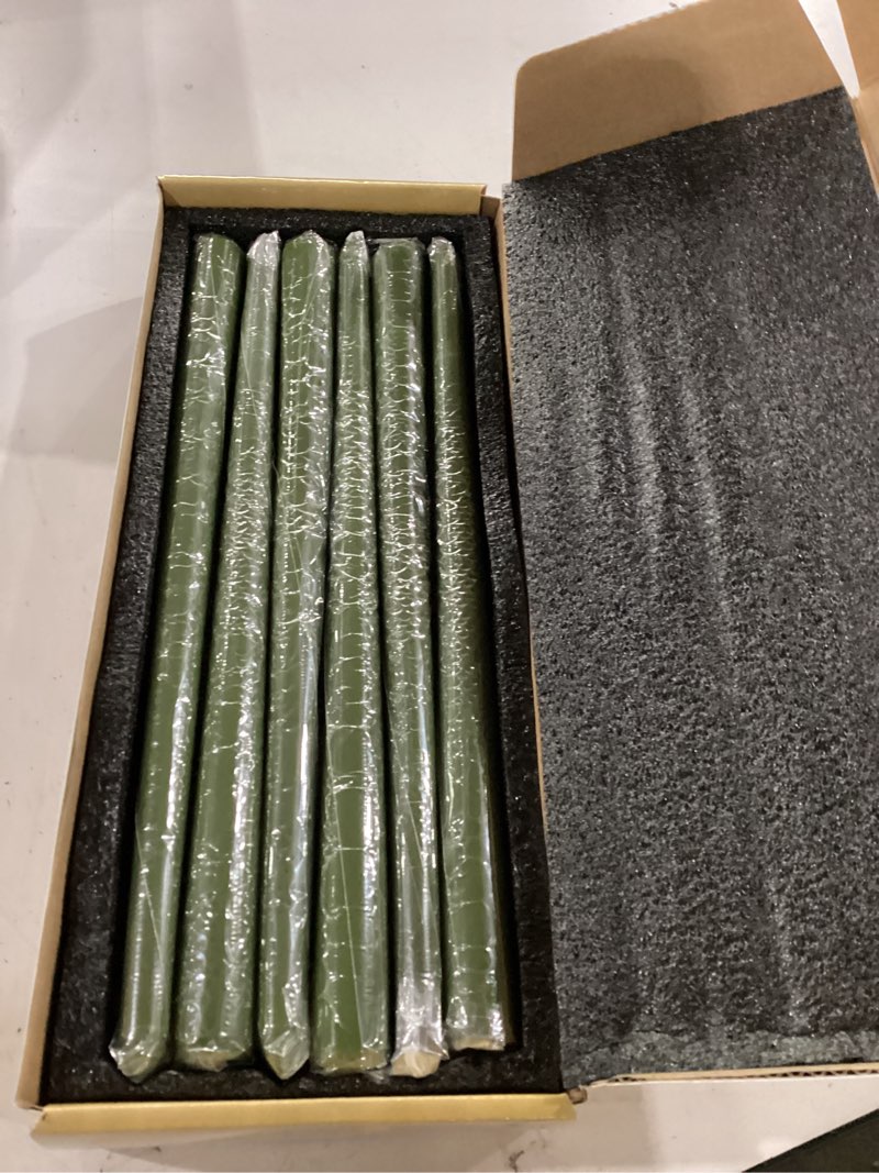 Condition photo showing Good Condition for viyffo taper candles, 12 inch, 12 pack, olive glow – unscented, dripless & smokeless design, up to 8 hour burn – long tall taper candlesticks for wedding, dinner & home decor olive glow 12 inch-12 count