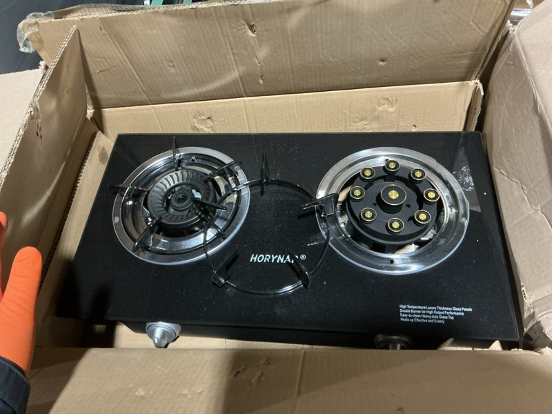 Condition photo showing As Is for propane stove 2 burner gas stove novel 9 copper propane burners auto ignition tempered glass with lpg csa hose for outdoor cooking,emergency