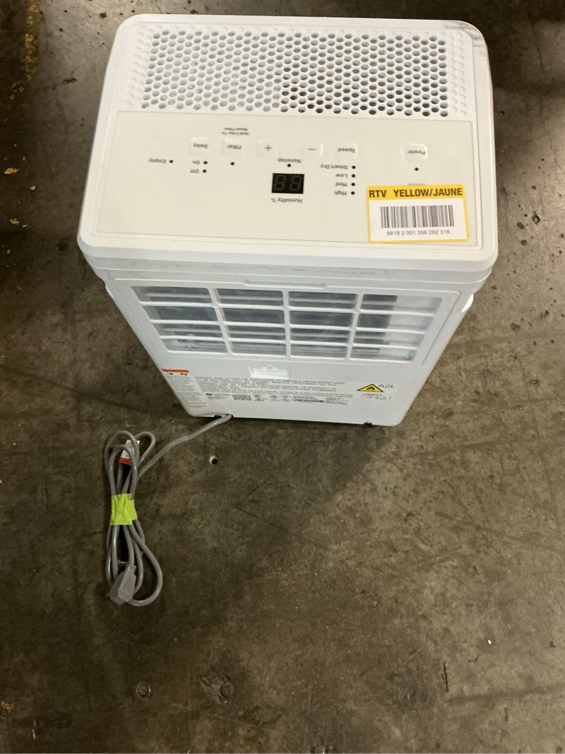 Condition photo showing As Is for 35 pt. dehumidifier with smart dry for bedroom, basement or very damp rooms up to 3000 sq. ft. in white, energy star