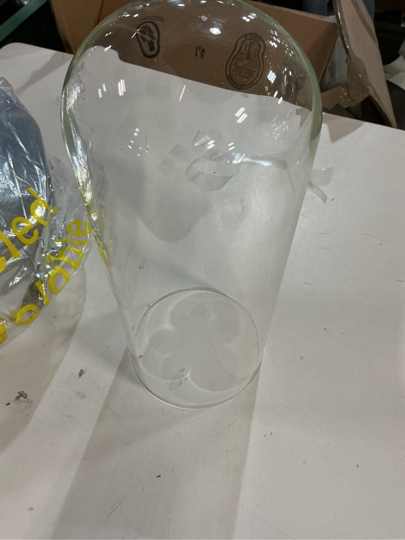 Condition photo showing As Is for (Incomplete) ZOOFOX 13.8 Inch Tall Glass Dome with Base, Clear Glass Empty Display Cloche, Decorative Bell Jar for Succulents, Collectibles, Fairy Lights, Photos, Medals, Heirlooms