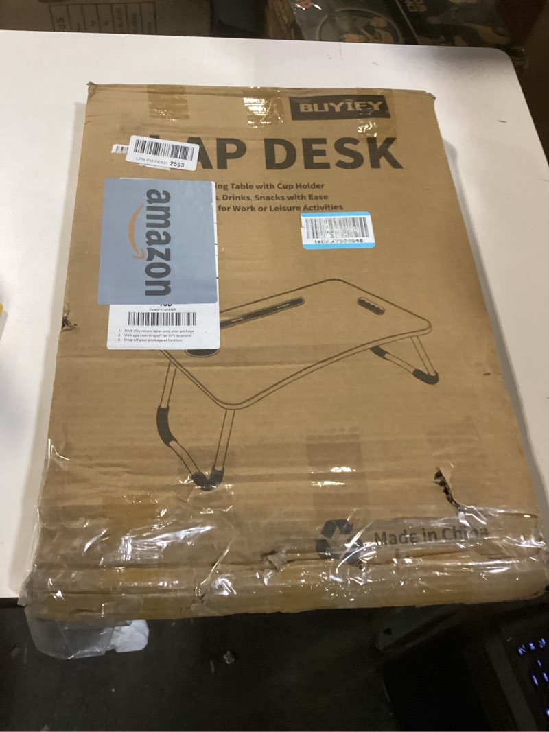Condition photo showing As Is for BUYIFY Folding Lap Desk, 23 Inch Portable Wood Deep Black Laptop Bed Desk Lap Desk with Cup Holder, for Working Reading Writing, Eating, Watching Movies for Bed Sofa Couch Floor Black-gold