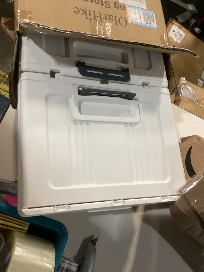 Condition photo showing Good Condition for olarhike 144qt lockable storage bins with lids - folding storage cabinet with doors & wheels, collapsible plastic box for dorm, closets, office, school, stackable organizer & containers, gifts, 3 pack 48qt-white 3pack