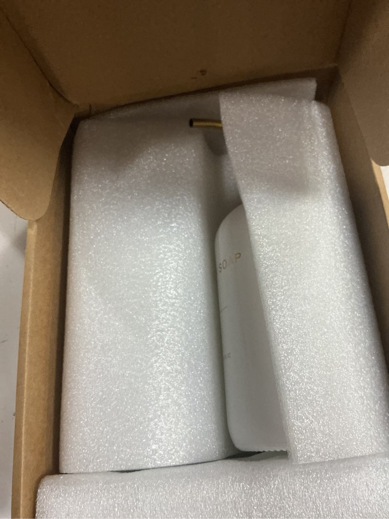 Condition photo showing Good Condition for prus waso gold soap dispenser set, glass soap dispenser with stainless steel pump, perfect for modern kitchen counter decor. (gold) white bottle & gold pump