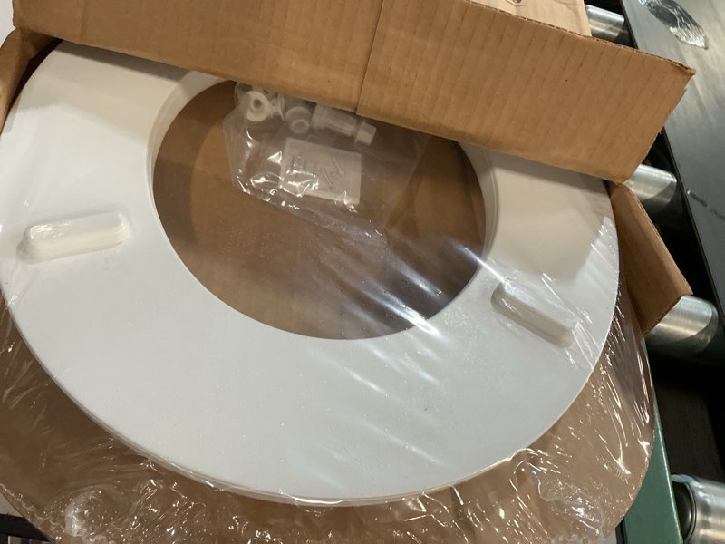Condition photo showing New/Like New for mayfair padded toilet seat with chrome hinges, soft vinyl over wood core seat, made in usa, round, white