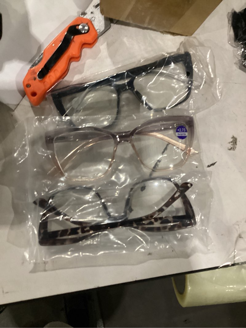 Condition photo showing Good Condition for reading glasses for women, 3 pack fashion oversized blue light readers for women, spring hinge cat eye glasses anti eyestrain (a1 black tortoiseshell purple, 2.75) a1 black tortoiseshell purple 2.75 x