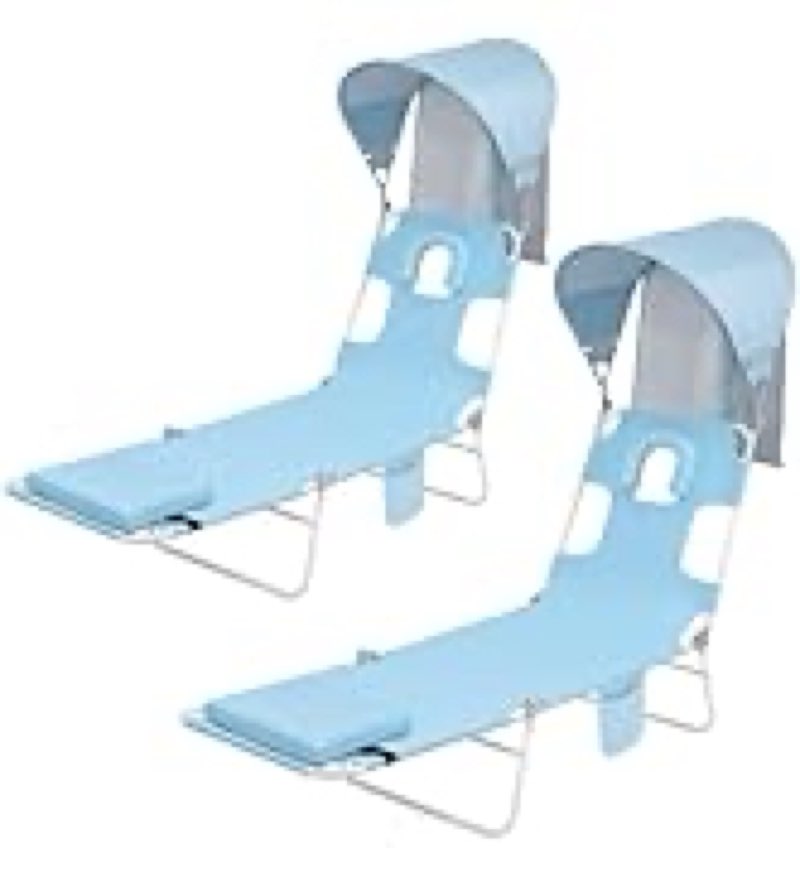 Backpack Beach Tanning Chair with Canopy Sun Shade & Face Hole, 6 Position Folding Lounge Sun Chair for Adults Outside Reading Sunbathing Poolside Camping Lawn, UPF 50+, 2 Pack, Patent Design 2 Blue