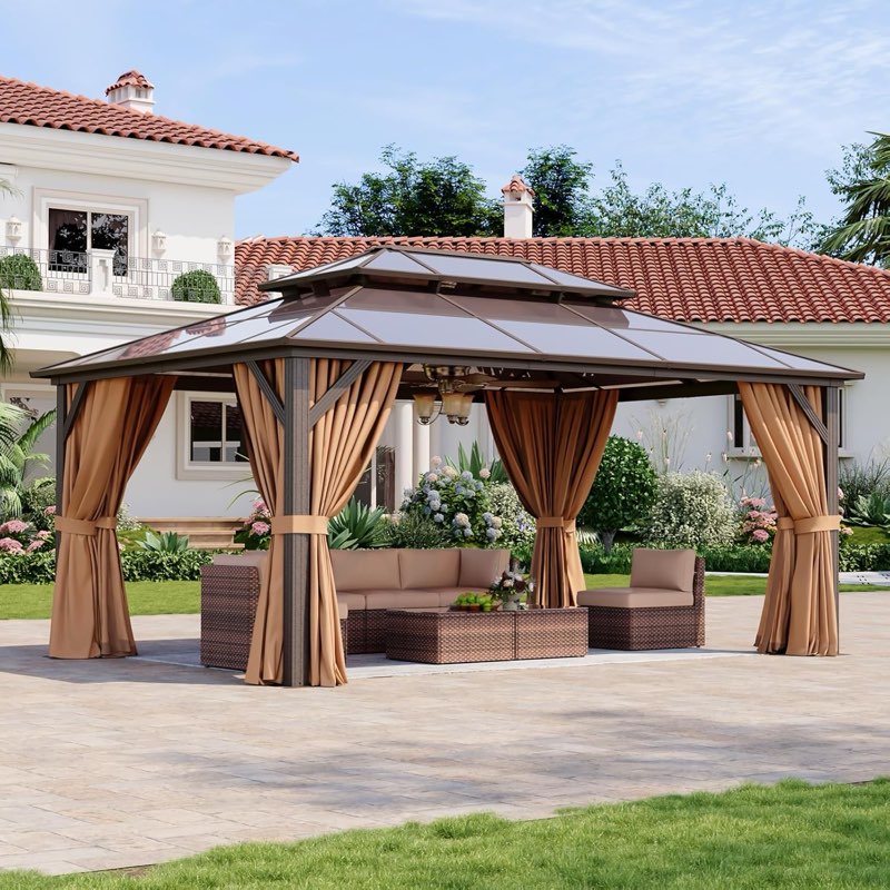 (Incomplete 1 of 3))Aoxun 12'x20' Hardtop Gazebo, Aluminum Frame Permanent Pavilion with Curtains and Netting, Outdoor Polycarbonate Double Roof Canopy, Designed for Garden, Lawns, Patio (Khaki)
