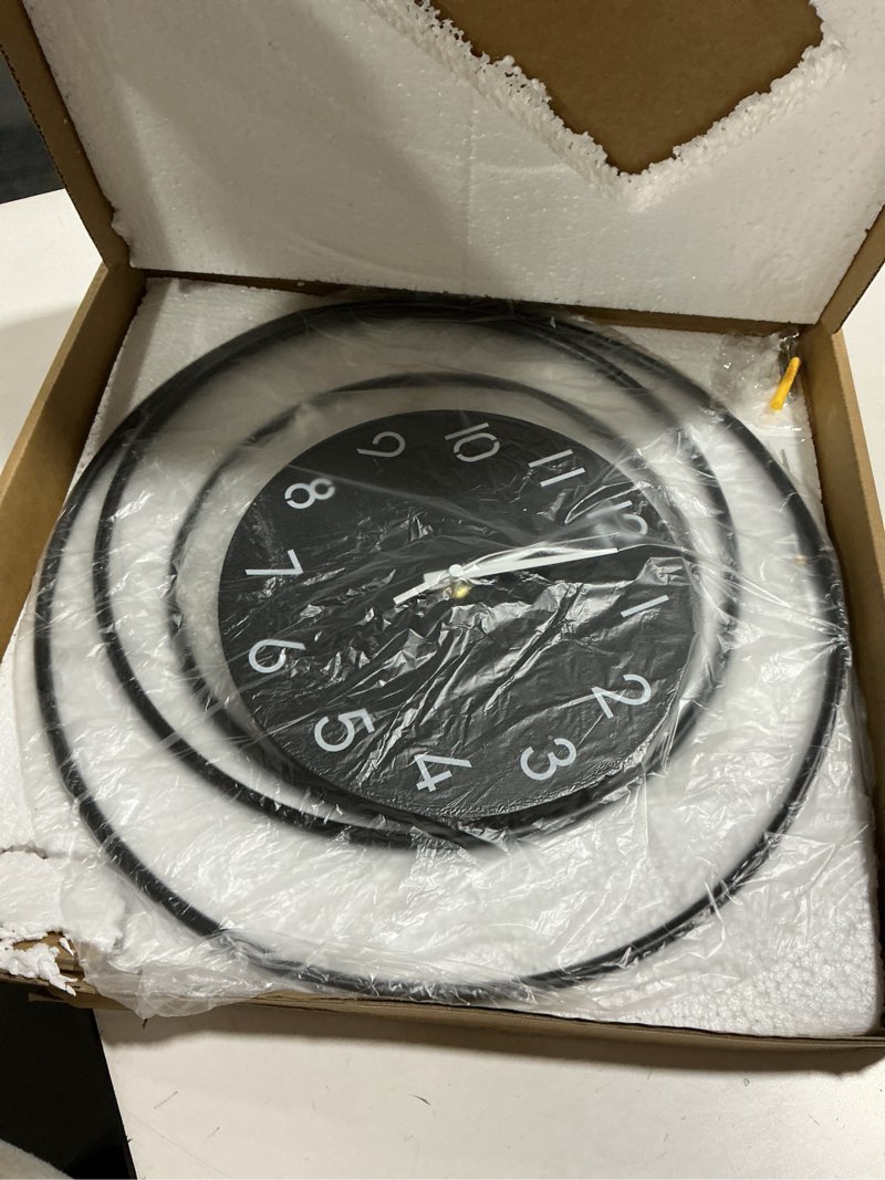 Condition photo showing Good Condition for 16inch Decorative Wall Clock, Silent Non-Ticking Quality Quartz Battery Operated, Large Wall Clock for Living Room Kitchen Home Bathroom Bedroom Wall Decor, Black 231-black