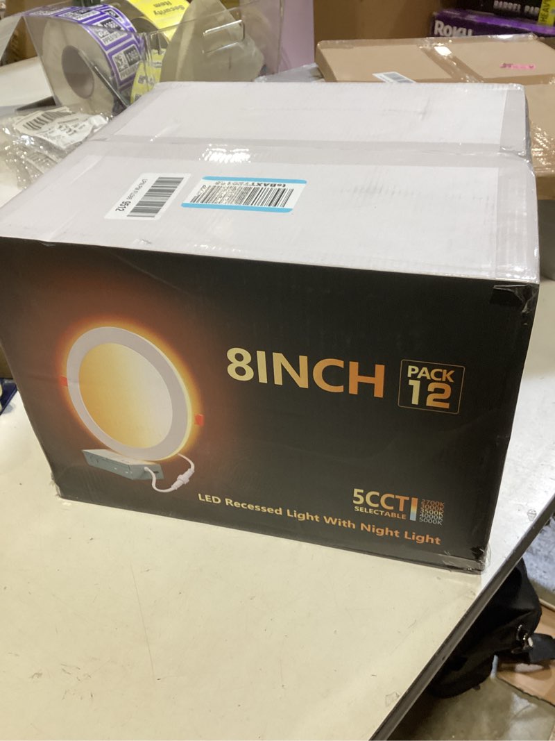 Condition photo showing New/Like New for 12 pack black 8 inch 5cct led recessed ceiling light with night light, dimmable canless wafer downlight, 2700k/3000k/3500k/4000k/5000k selectable, ultra-thin, 15w, etl black 8 inch -12 pack