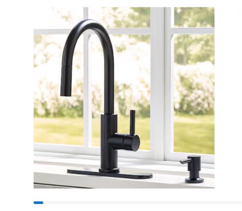 allen + roth harlow simplefit matte black single handle deck-mount pull-down kitchen faucet with sprayer (includes deck plate) (includes soap dispenser)