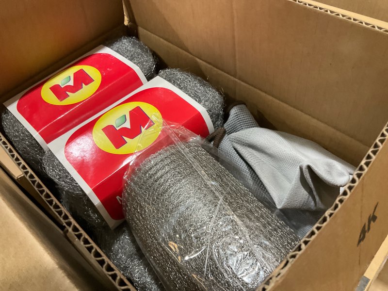 Condition photo showing Good Condition for steel wool mouse hole filler, 12 pack 3.2" x120 ft #1 steel wool & 5" x30 ft stainless steel mesh, gap filler diy kit for house garden pipeline, polishing chrome, glass, includes gloves & scissors #1 steel wool 12