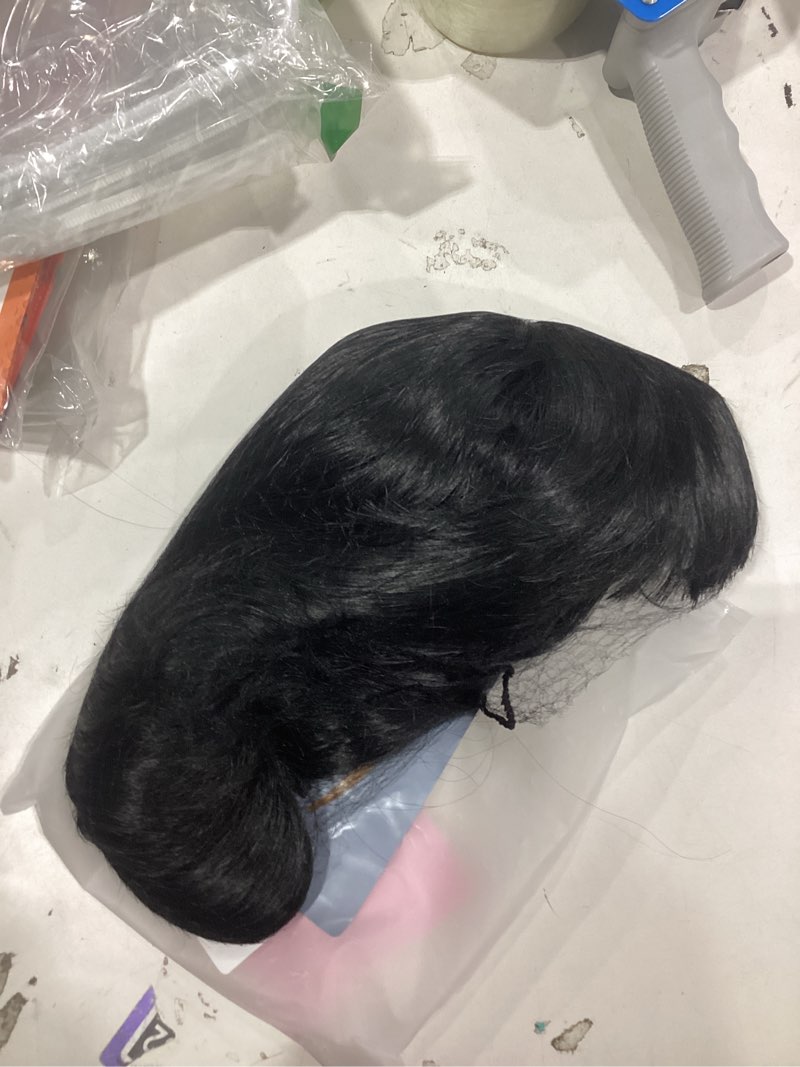 Condition photo showing Good Condition for Unisex Black Bob Wig with Full Bangs Short Straight Heat Resistant Synthetic Black Costume Wigs Mens Cosplay Halloween Party Wig Black With Bangs
