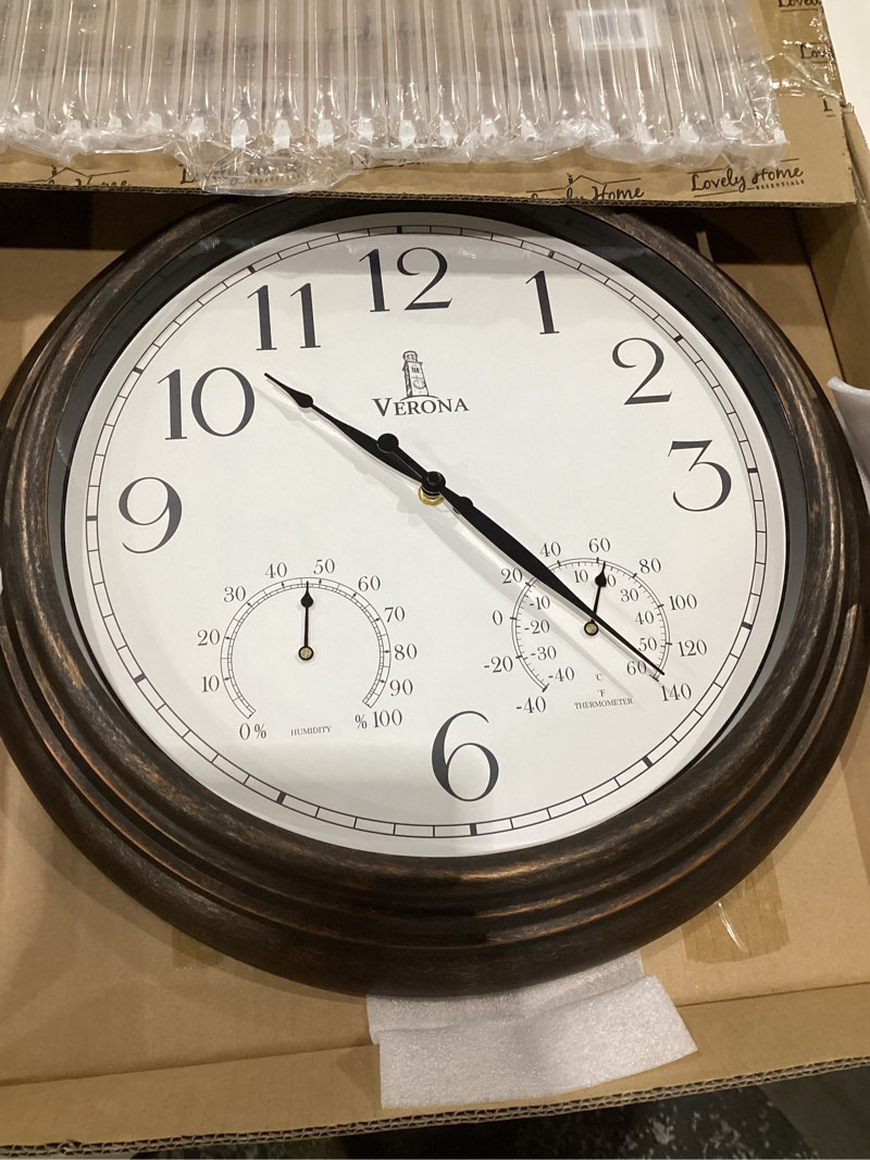 Condition photo showing As Is for Outdoor Clocks for Patio Large Waterproof with Thermometer - 18 inch Indoor Outdoor Wall Clock with Temperature and Humidity Combo - Weatherproof, Accurate & Easy to Read for Pool, Garden & Home Decor Bronze 18 inch