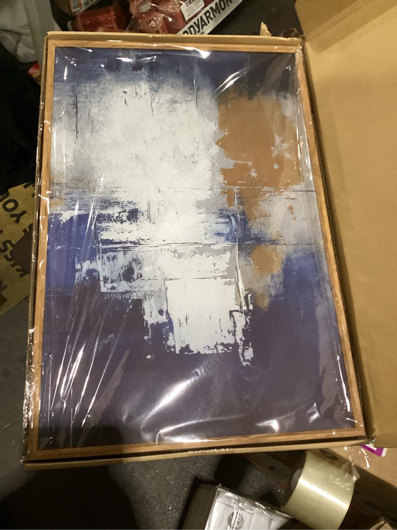 Condition photo showing New/Like New for HOURIA Large Abstract Navy Blue Framed Canvas Wall Art Set,Minimalist Modern Blue Grey White Wall Decor,Neutral Blue Toned Color Block Shapse Art Print for Living Room Bedroom Office- 16"x24"x3 Blue Wall Art