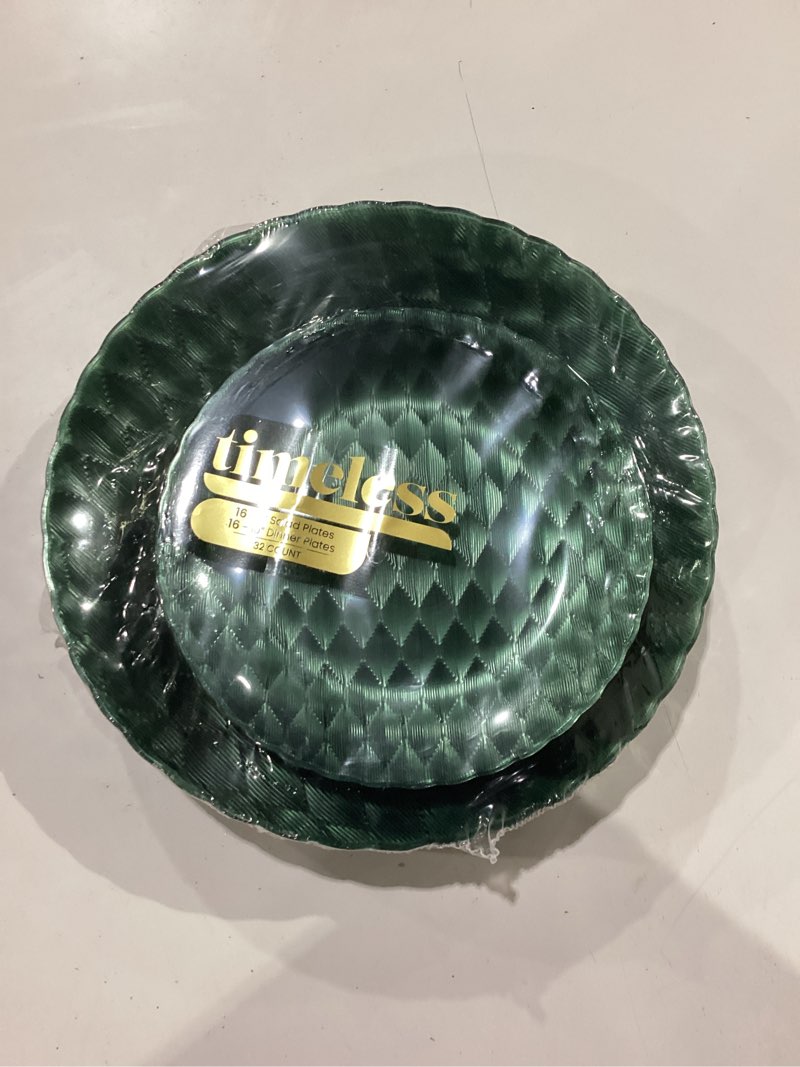 Condition photo showing New/Like New for plasticpro 128 pack plastic dishes set of 64-10 inch plates and 64-7 inch plates, elegant translucent green disposable fancy tableware premium heavyweight 128 translucent green