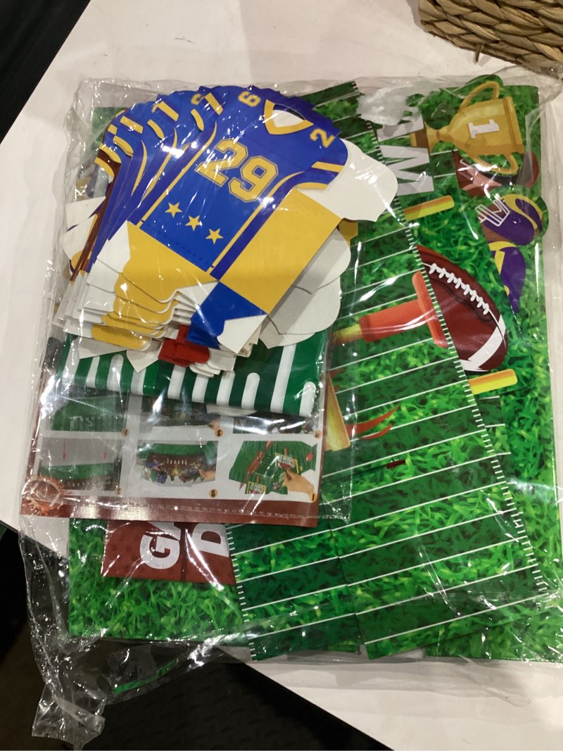 Condition photo showing Good Condition for Cinrobiye 51 PCS Football Party Supplies Kit Football Food Tray Sports Paper Snack Boxes Rugby Tablecloths Napkins for Fans Club Football Themed Birthday Sports Game Day Tailgate Party Decor Supplies