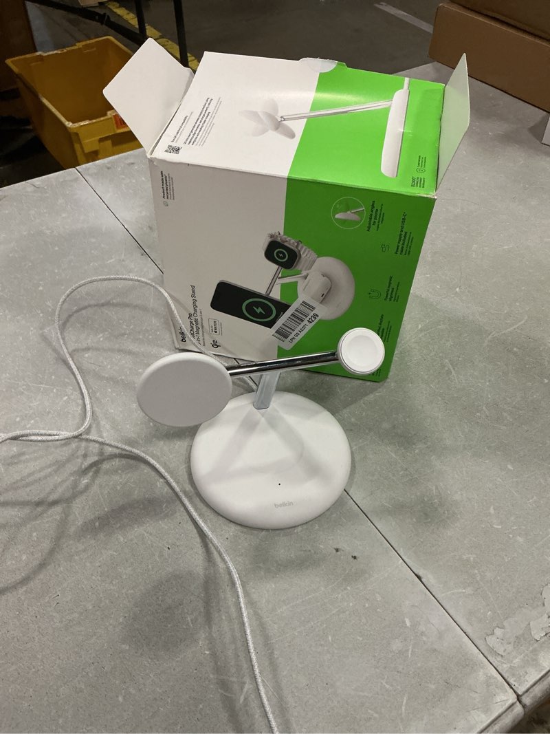 Condition photo showing As Is for belkin magsafe-compatible 3-in-1 wireless charger stand 15w - qi2-certified wireless charging station, fast charging of iphone 16, airpods, & apple watch - 36w included - white