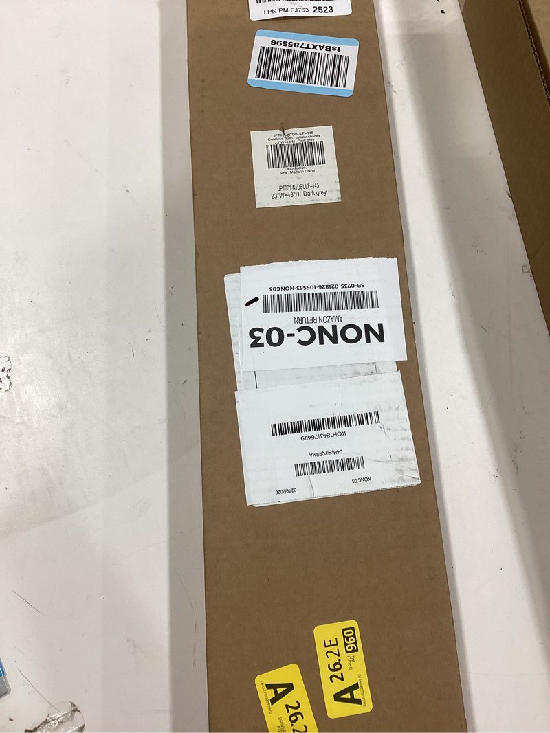 Condition photo showing As Is for LazBlinds No Tools No Drill Cordless Cellular Shades, Top Down Bottom Up (TDBU) Honeycomb Shades for Home, Light Filtering Thermal Insulation Blinds for Windows, 23" W x 48" H, Dark Grey Light Filtering - Dark Grey 23" W x 48" H
