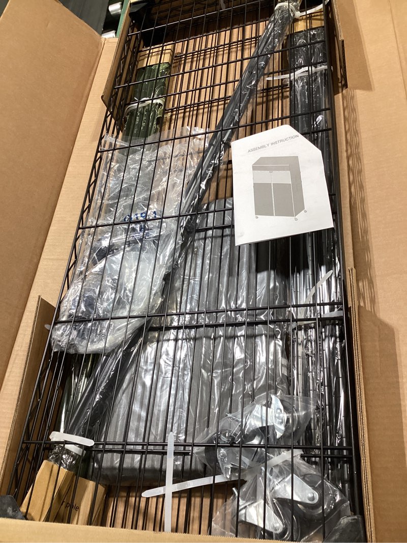 Condition photo showing Good Condition for raybee rolling clothes rack with cover, portable closet for bedroom, dorm | heavy duty, tool-free assembly, adjustable, lockable wheels, 2 rods 3 shelves, 2-tier for saving space, hanging 150+ garment black