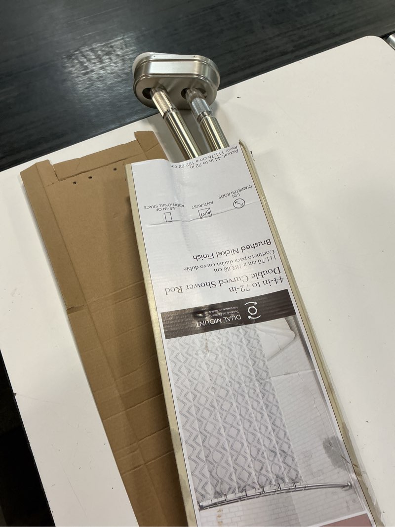 Condition photo showing As Is for allen + roth 44-in to 72-in brushed nickel fixed or tension double curve adjustable shower curtain rod
