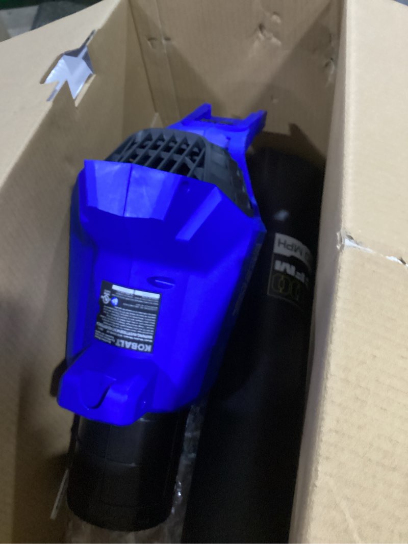 Condition photo showing As Is for kobalt 24-volt 500-cfm 120-mph battery handheld leaf blower battery not included charger not included