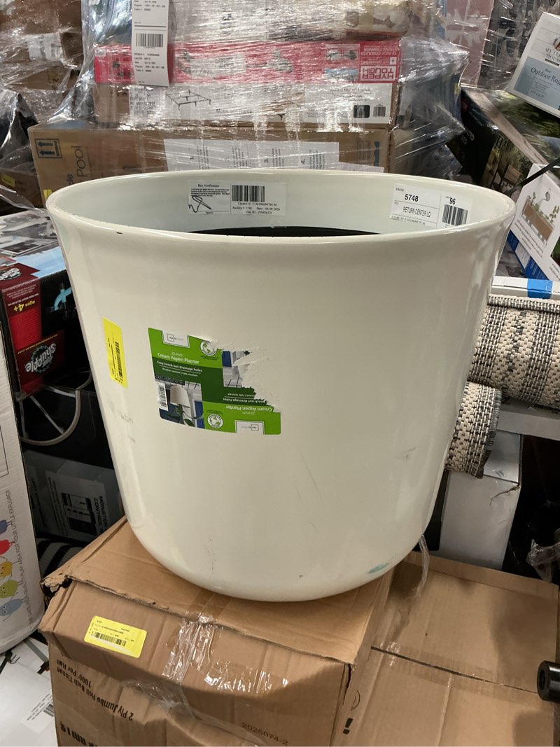 Condition photo showing As Is for mainstays extra large 22in diameter cream aspen resin planter