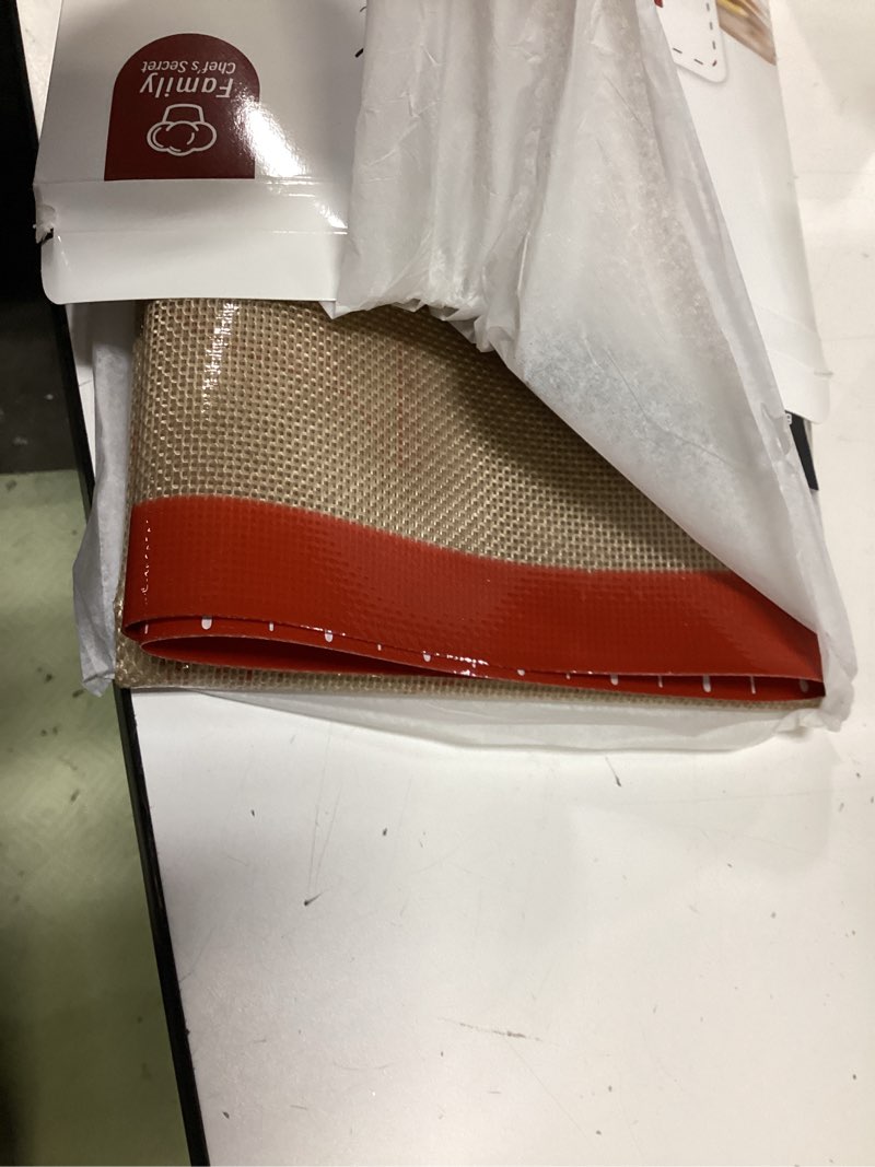 Condition photo showing Good Condition for silicone macaron baking mat with 10 easy recipes, extra thick silicone mats for baking, non stick pastry mat for dough rolling, heat resistant silicone bread cookie pizza oven mat with measurement red 32"l x 24"w