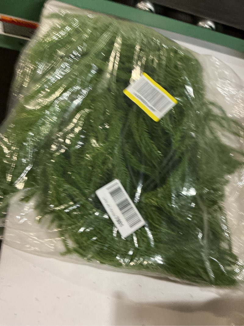Condition photo showing Good Condition for 2 pcs total 18 ft christmas norfolk pine garlands, each 9ft xmas greenery garland, real touch norfolk pine garland for mantle, stair, banister, fireplace, wall, door, winter indoor outdoor decor