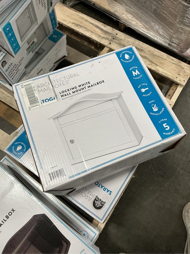 Condition photo showing New/Like New for saratoga white, medium, steel, locking wall mount mailbox